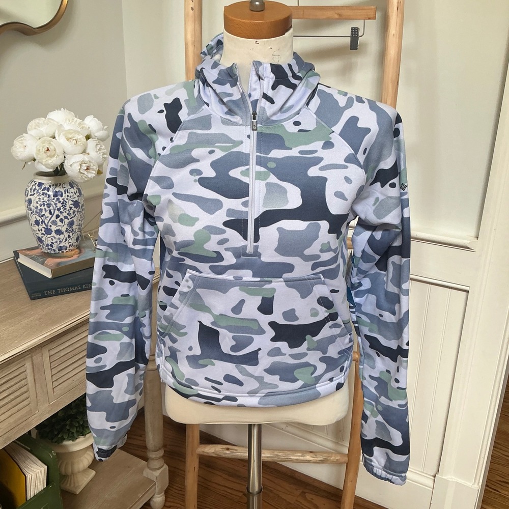 Columbia PFG Womens Camo Fleece Hoodie Quarter Zip Pullover Blue Small